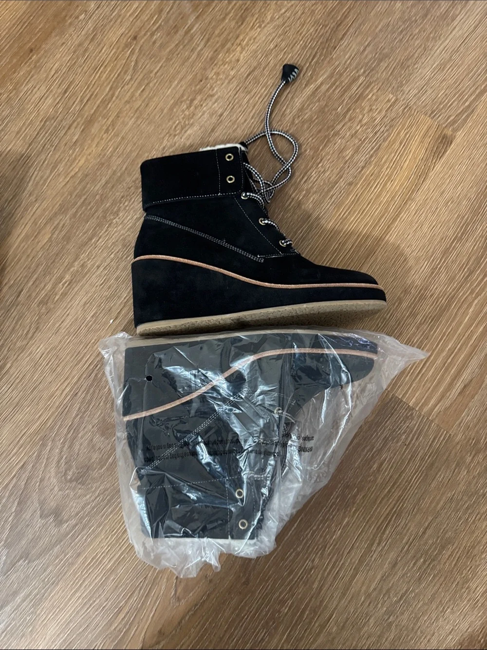 kate spade Black Suede Lace-Up Wedge Ankle Boots with Tan Trim